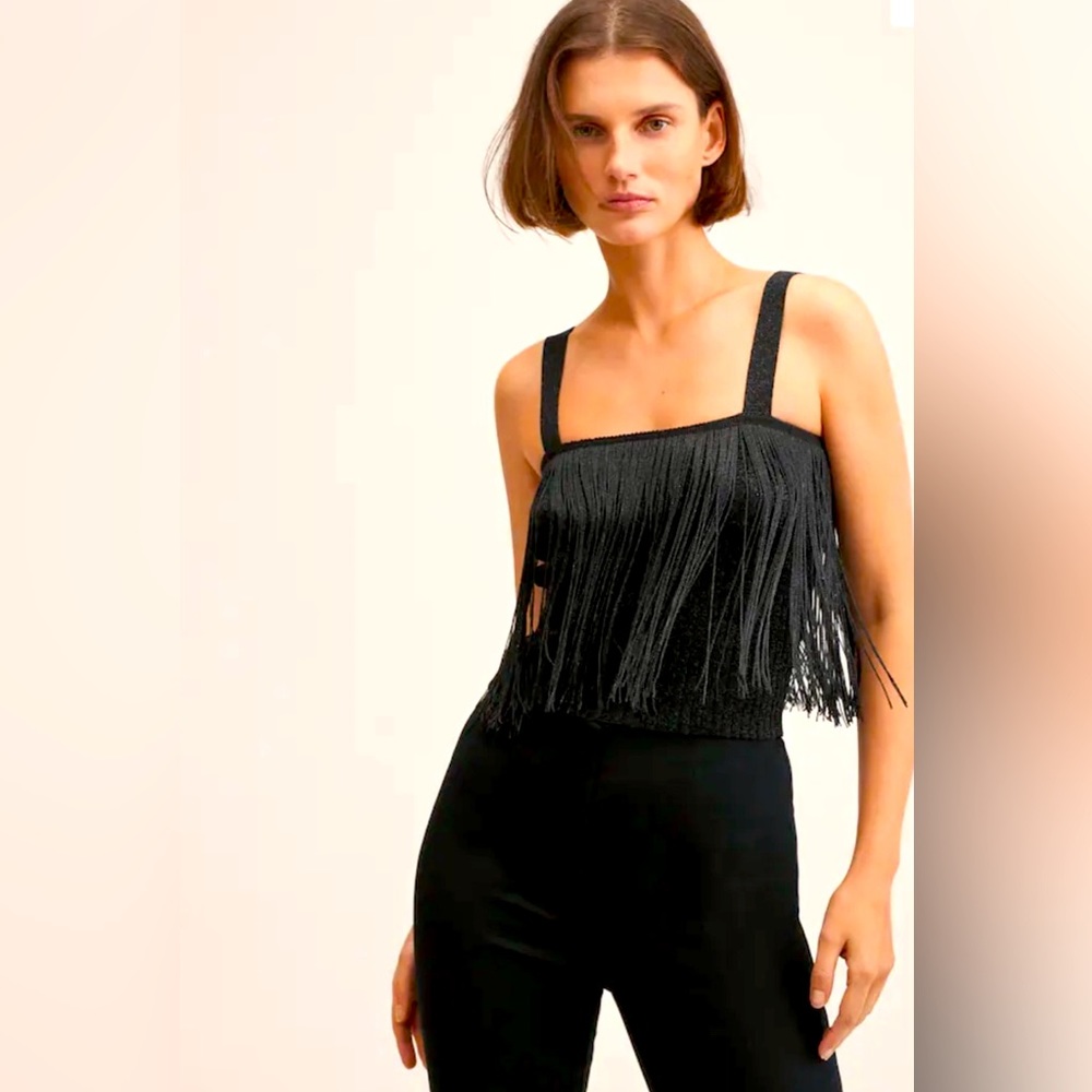 NWT MANGO Black fringed knit almalux crop top